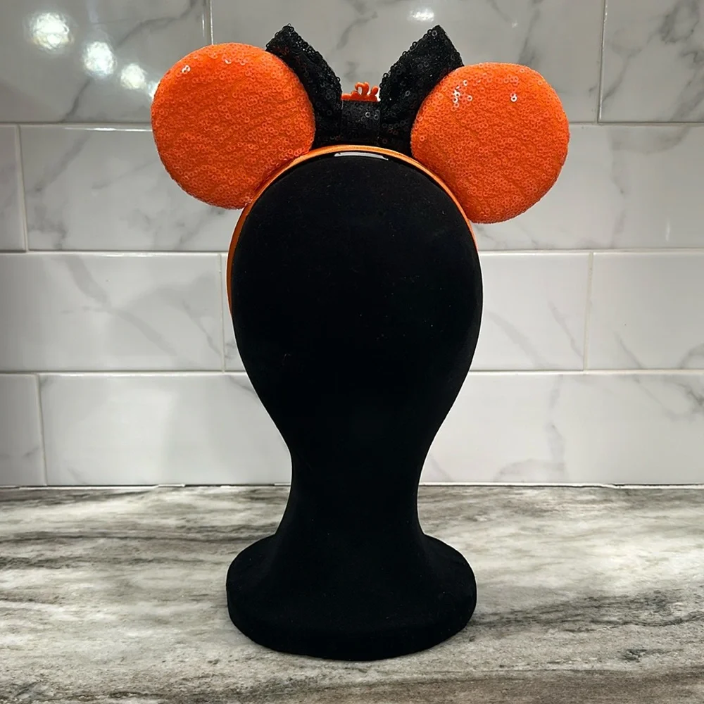 Halloween Pumpkin Minnie Mouse Sequin Ears Headband NEW Bow Spider Webs